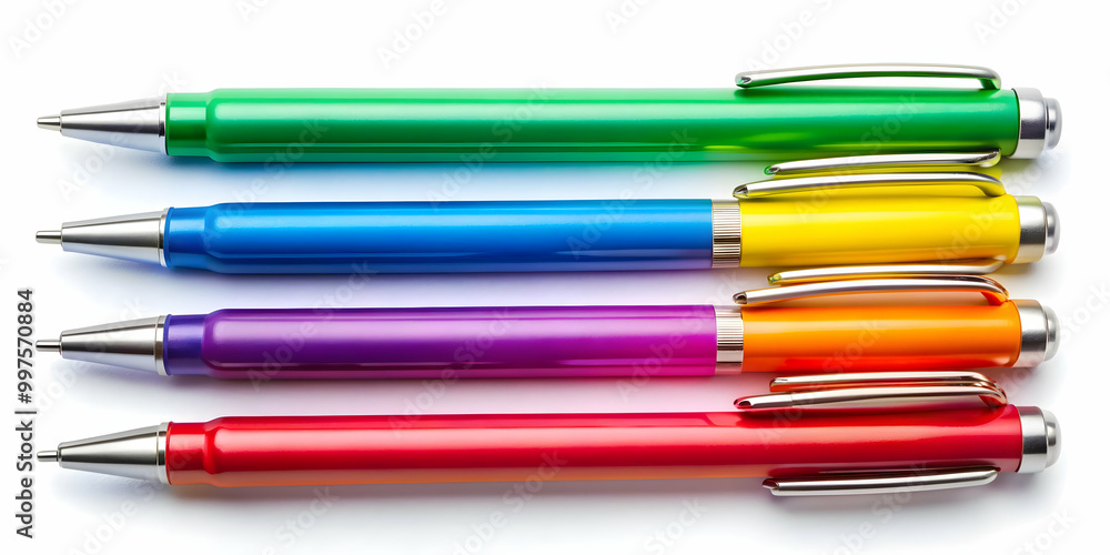 Fototapeta premium Collection of five colorful pens for back to school supplies isolated on background, back to school, supplies