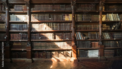 古書、本棚、図書館、アンティーク、ヴィンテージ、日差し、木製家具、書籍、歴史、静かな空間、暗い照明、クラシック、重厚感、室内、読書