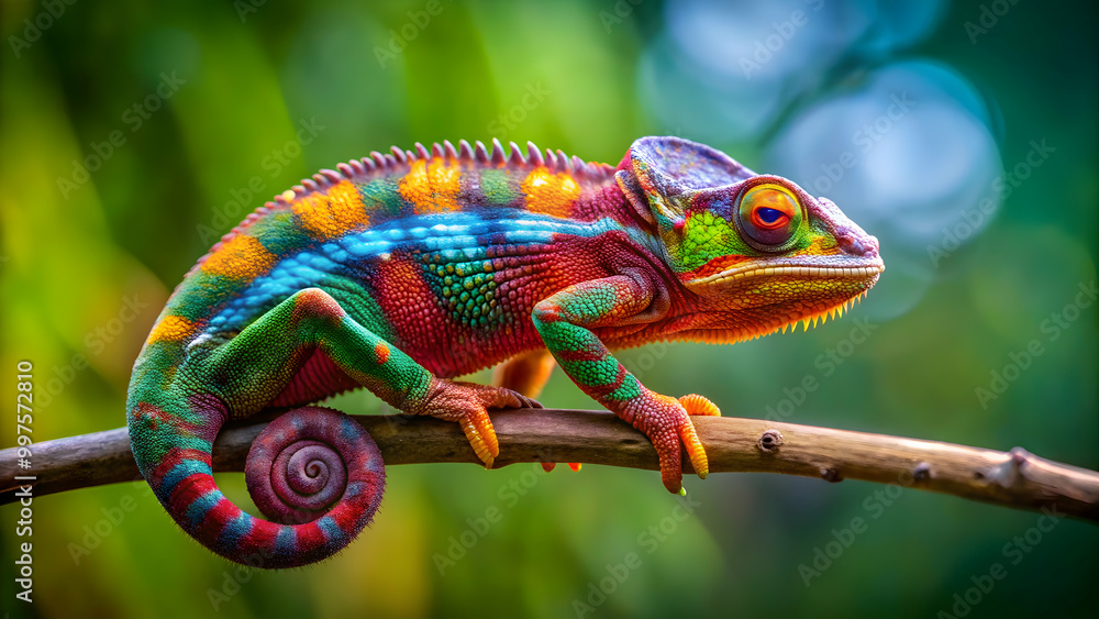 Fototapeta Colourful chameleon on a branch, midjourney, generative, ai, chameleon, colourful, branch, journey, nature