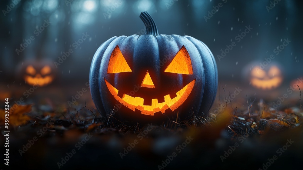 A pumpkin with a smiley face on it is surrounded by other pumpkins A pumpkin with a smiley face on it is surrounded by other pumpkins