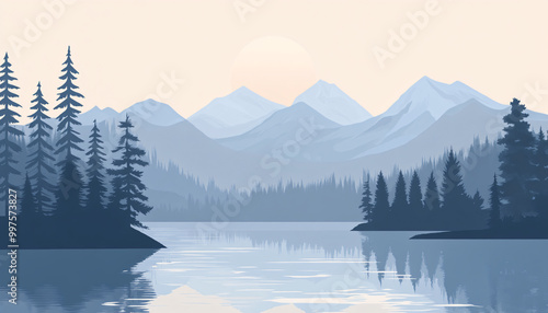 Simplistic illustrations of trees, mountains, and lakes with clean lines and muted colors for a calm, understated look