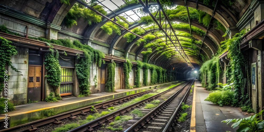 Eerie tranquility in an abandoned subway station overtaken by nature, subway station, abandoned, nature Eerie tranquility in an abandoned subway station overtaken by nature, subway station, abandoned, nature