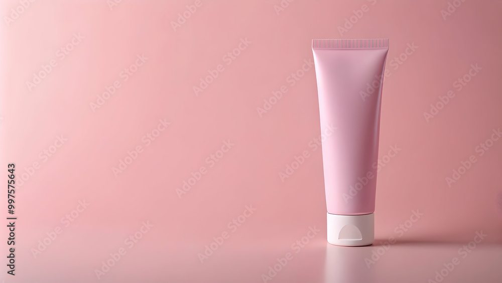 Minimalistic pink and white cosmetic tube on a pastel pink background for skincare or beauty product advertisements Minimalistic pink and white cosmetic tube on a pastel pink background for skincare or beauty product advertisements