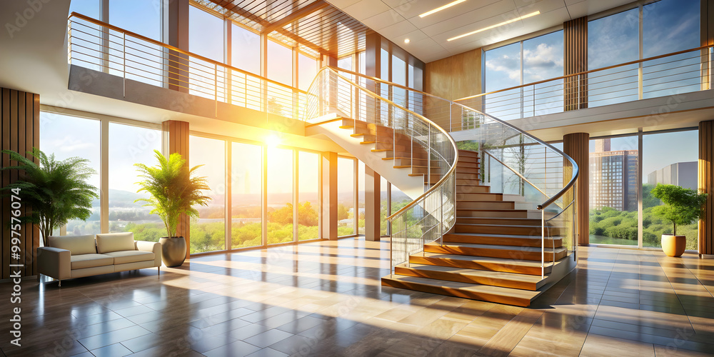 Obraz premium Sunlit architectural interior featuring elegant staircase , modern, minimalism, sunlight, architecture