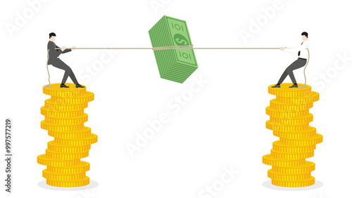 Businessmen stand on a coin stack, pull a rope for money, grab banknotes. The challenge of business competition, strategic financial company for market share, economic growth, and financial success