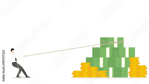 A businessman pulls a rope to money stack for grab banknotes. Challenge of job, business competition, hard working for position, company employee, salary growth, finance, and successful occupation