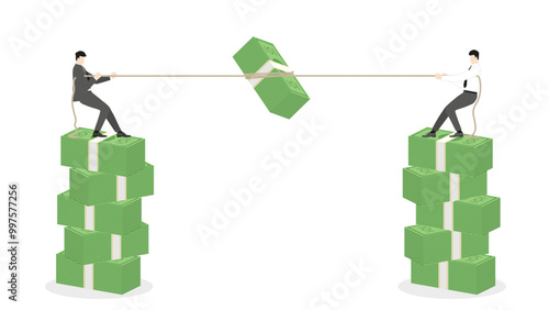 Businessmen stand on banknotes stack, pull a rope for grab a money. The challenge of business competition, strategic financial company for market share, economic growth, and financial success