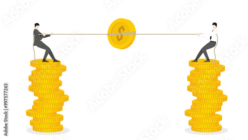 Businessmen stand on a coin stack, pull a rope for money, grab a dollar. The challenge of business competition, strategic financial company for market share, economic growth, and financial success