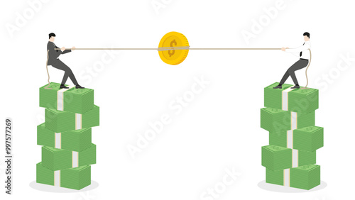 Businessmen stand on banknotes stack, pull a rope for money, grab a dollar coin. Challenge of business competition, strategy financial company for market share, economic growth, and financial success