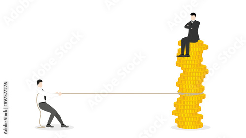 A company employee pulls a rope to money stack with a businessman sit on as boss. Challenge of job, business competition, hard working for position, market share, finance, and successful occupation