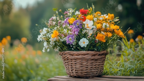 Mixed seasonal flowers bloom in a wicker basket, enhancing an outdoor setting filled with natural light and greenery during daytime. Generative AI