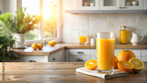 Glass of fresh orange juice on kitchen table , fresh, orange juice, glass, citrus, refreshing, drink, healthy, vitamin C photo