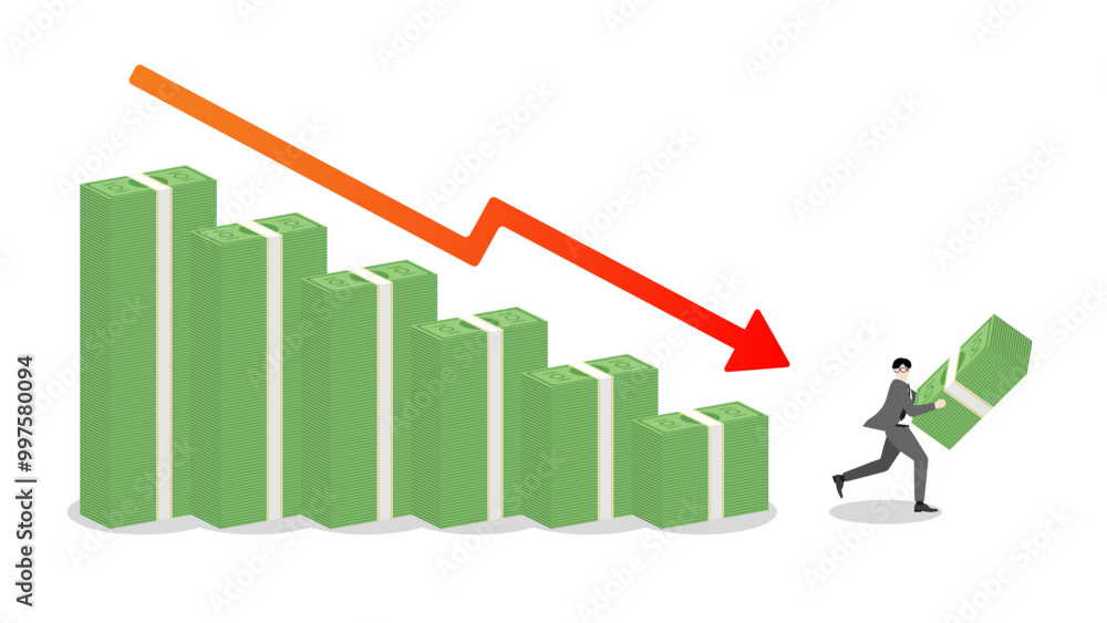 A businessman holds banknotes, runs away from stack of money bar chart with red graph down. Withdraw capital in business recession, economic strategy, financial, market performance, loss management A businessman holds banknotes, runs away from stack of money bar chart with red graph down. Withdraw capital in business recession, economic strategy, financial, market performance, loss management