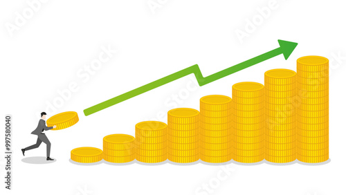 A businessman holds a coin, runs to stack of money bar chart with green graph up. Extend investment in Bull Economy, economic success, financial management, capital market performance, and profit