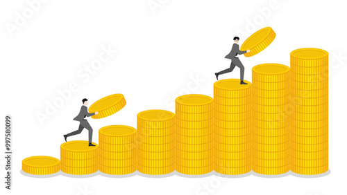 Businessmen hold coins, run on stack of money in bar chart. Complete of business competiition, pursuit of economic success, financial management, capital market performance, and profit growth
