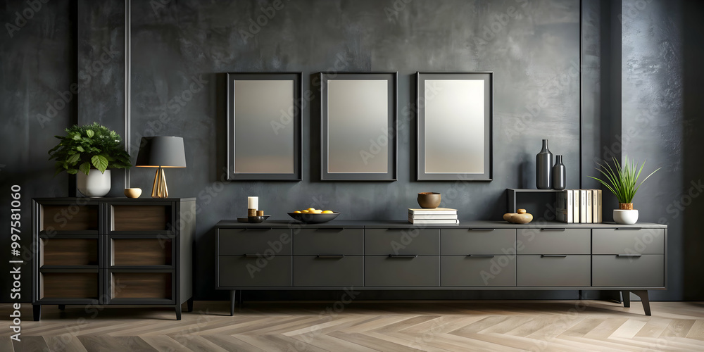 Stylish dark gallery space with a black dresser, books in charcoal black, and a square poster mockup. rendering Stylish dark gallery space with a black dresser, books in charcoal black, and a square poster mockup. rendering