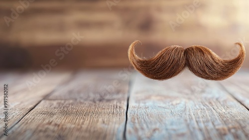 A mustache is floating in the air above a wooden surface