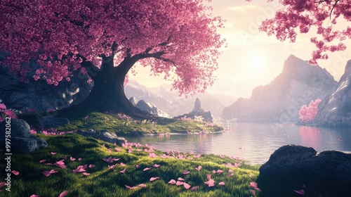 Serene Pink Cherry Blossom Tree by Calm Lake at Sunset