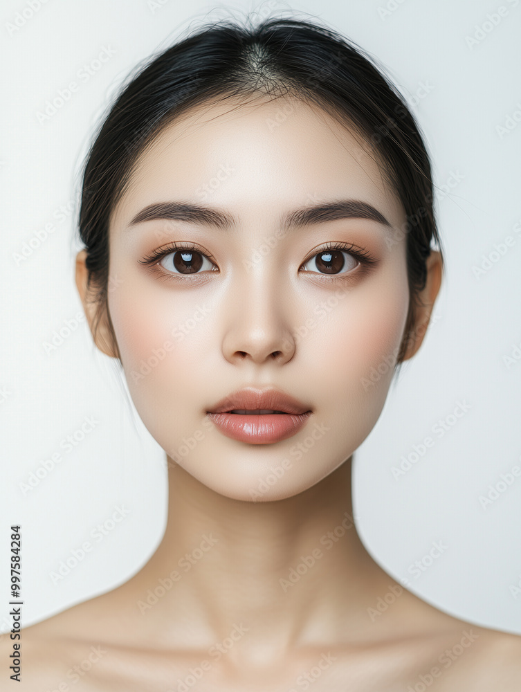 Portrait of a young Asian woman with flawless skin and natural makeup, highlighting her serene beauty, soft brown eyes, and sleek black hair. Portrait of a young Asian woman with flawless skin and natural makeup, highlighting her serene beauty, soft brown eyes, and sleek black hair.