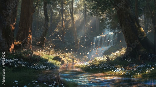 Serene forest landscape with sunlight filtering through trees