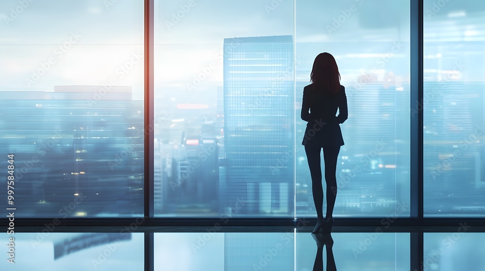 Silhouette of a Woman Looking Out a Window at a Cityscape Silhouette of a Woman Looking Out a Window at a Cityscape