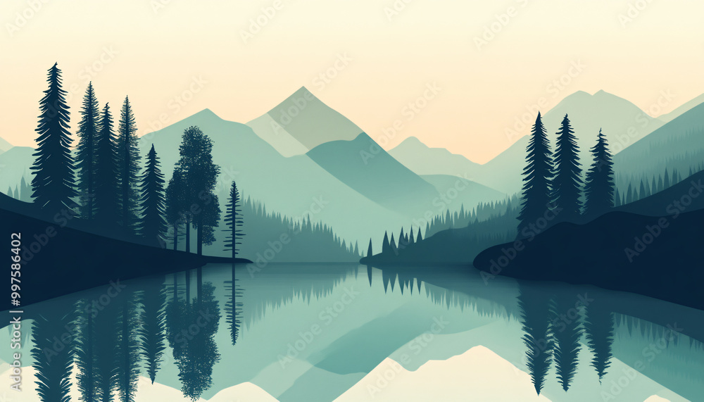 Simplistic illustrations of trees, mountains, and lakes with clean lines and muted colors for a calm, understated look Simplistic illustrations of trees, mountains, and lakes with clean lines and muted colors for a calm, understated look
