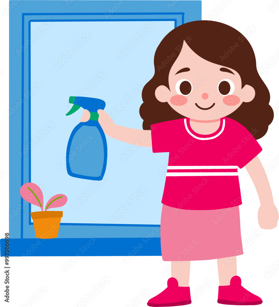 Illustration of girl cleaning window holding spray bottle Illustration of girl cleaning window holding spray bottle