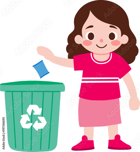 Illustration of a Girl Throwing Trash into Recycling Bin