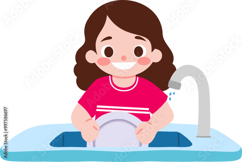 Cartoon girl washing dishes at the kitchen sink