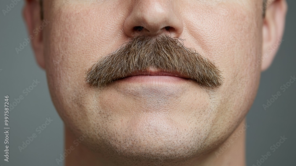 A man with a mustache is shown with a serious expression A man with a mustache is shown with a serious expression