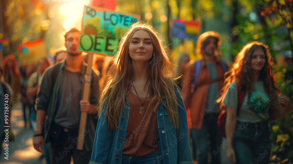 Obraz premium Peaceful Protest Scene with Hippies Advocating for Love and Environment