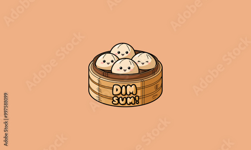Cute dim sum in a bamboo steamer with smiling faces.