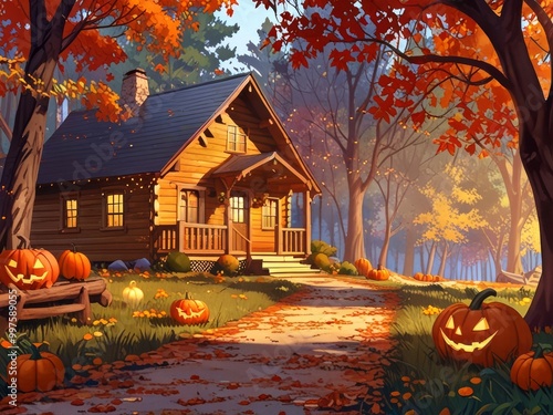 Autumnal Cabin Path Illuminated with Jack-o'-Lanterns