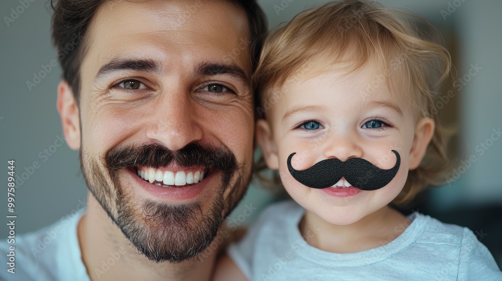 A man and a child are posing for a picture with fake mustaches A man and a child are posing for a picture with fake mustaches