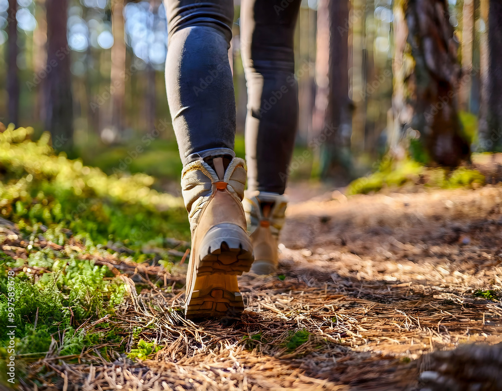 Female hiker's legs in boots at mountain forest with sticks on forest from front Female hiker's legs in boots at mountain forest with sticks on forest from front