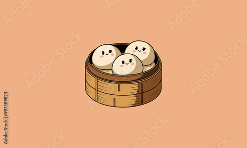Cute dim sum in a bamboo steamer with smiling faces.