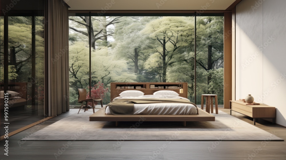 Modern Minimalist Bedroom with Forest View Modern Minimalist Bedroom with Forest View