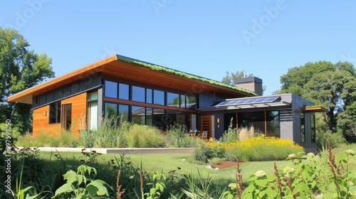 Sleek Modern Eco-Friendly Home with Green Roof and Solar Panels for Sustainable Living