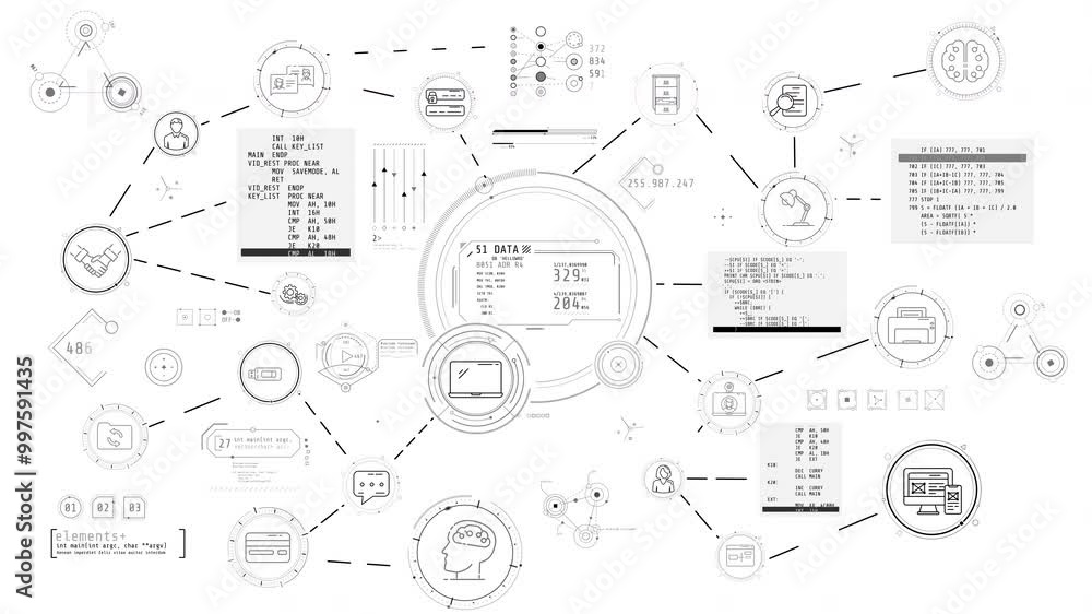 Monochrome animated infographic schema about AI-powered business. Monochrome animated infographic schema about AI-powered business.