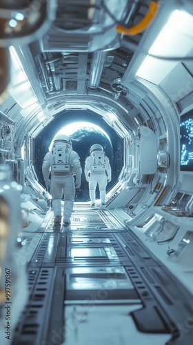 Fototapeta Naklejka Na Ścianę i Meble -  A futuristic space station orbiting a distant planet, filled with astronauts and AI robots working together