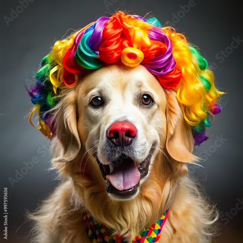 Golden Retriever wearing a clown wig and a colorful Halloween outfit.