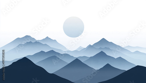 A minimalist design featuring a layered mountain range in shades of blue and gray, with a full moon or sun behind them photo