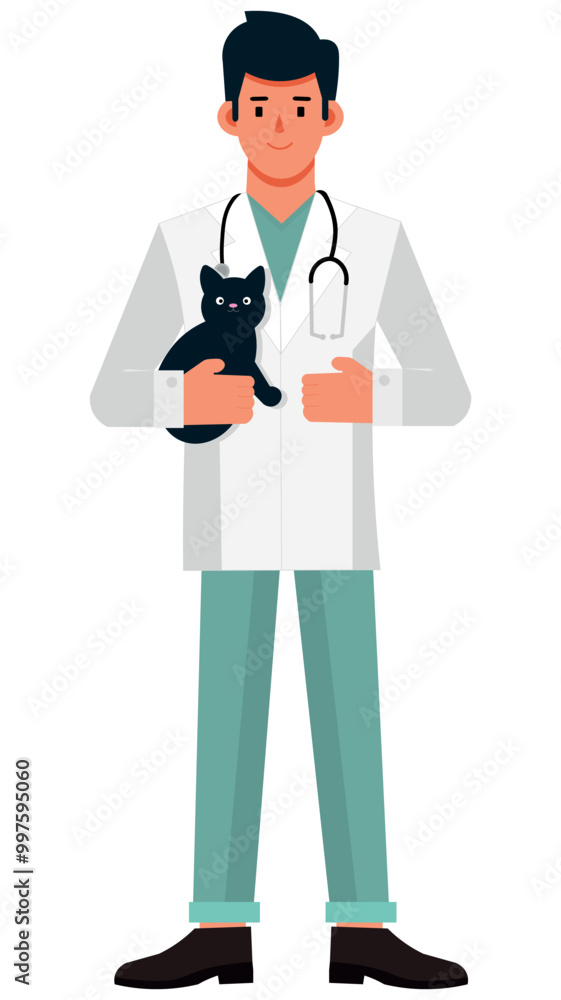 Veterinary doctor, profession illustration, flat designer, holding a cat, notebook, paper Veterinary doctor, profession illustration, flat designer, holding a cat, notebook, paper
