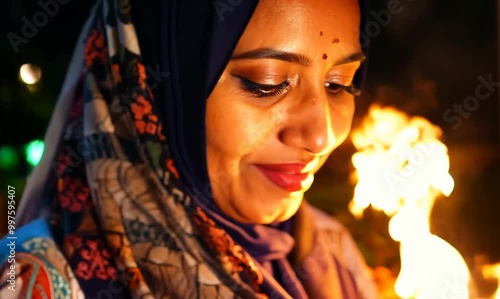 Iranian Woman Barbecuing on Patio with Music