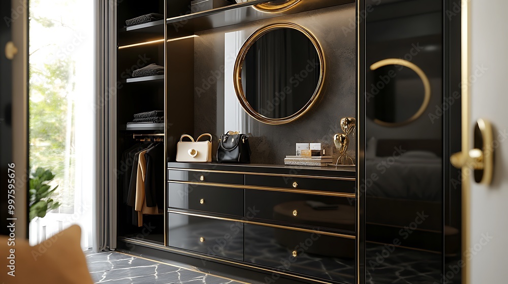 Black and Gold Luxury Wardrobe with Floating Shelves A bold black and ...