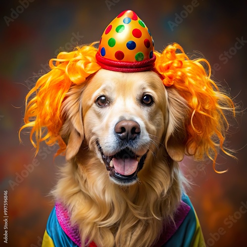 Golden Retriever wearing a clown wig and a colorful Halloween outfit.