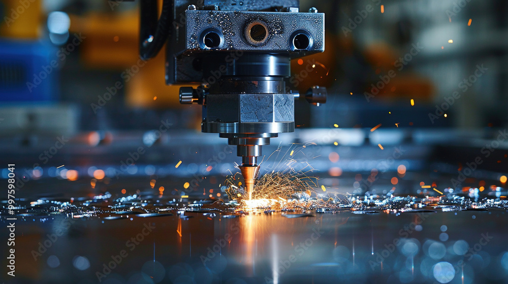 Close up metal being cut by a blue laser CNC with a light spark, Industrial technology concept Close up metal being cut by a blue laser CNC with a light spark, Industrial technology concept