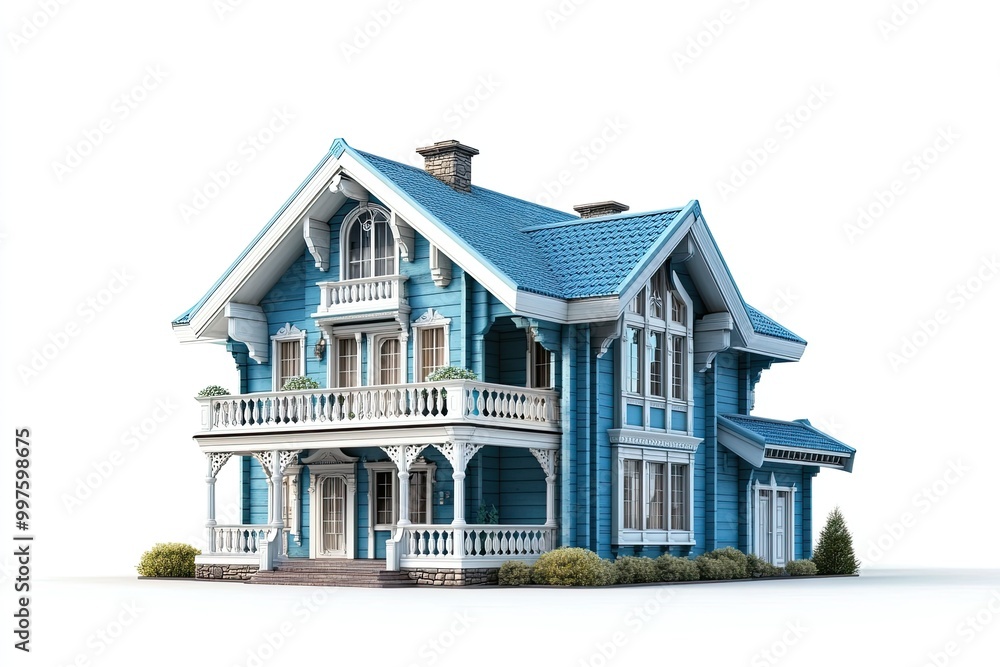 luxury classic cyan chalet house with classic garden lamp isolated on white background luxury classic cyan chalet house with classic garden lamp isolated on white background