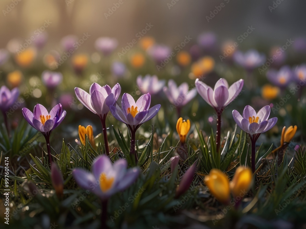 Purple Crocuses Blooming in a Field of Green Purple Crocuses Blooming in a Field of Green