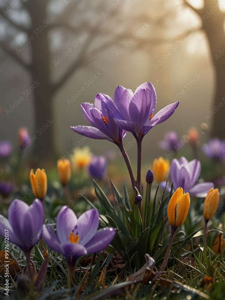 Purple Crocuses Blooming in a Field of Green